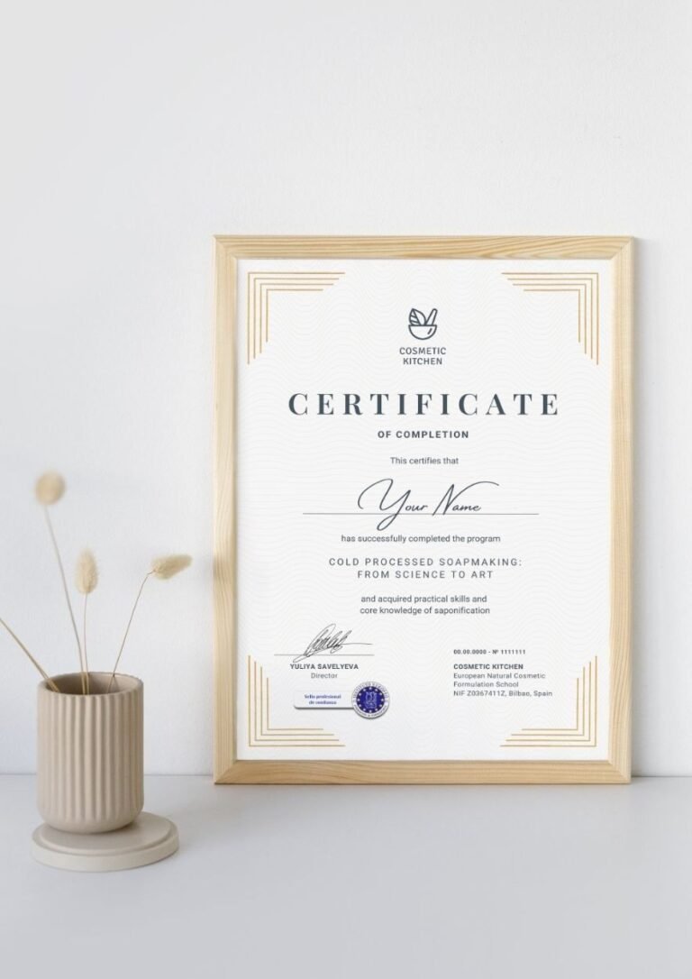 Сертификат мыловара школы Cosmetic Kitchen